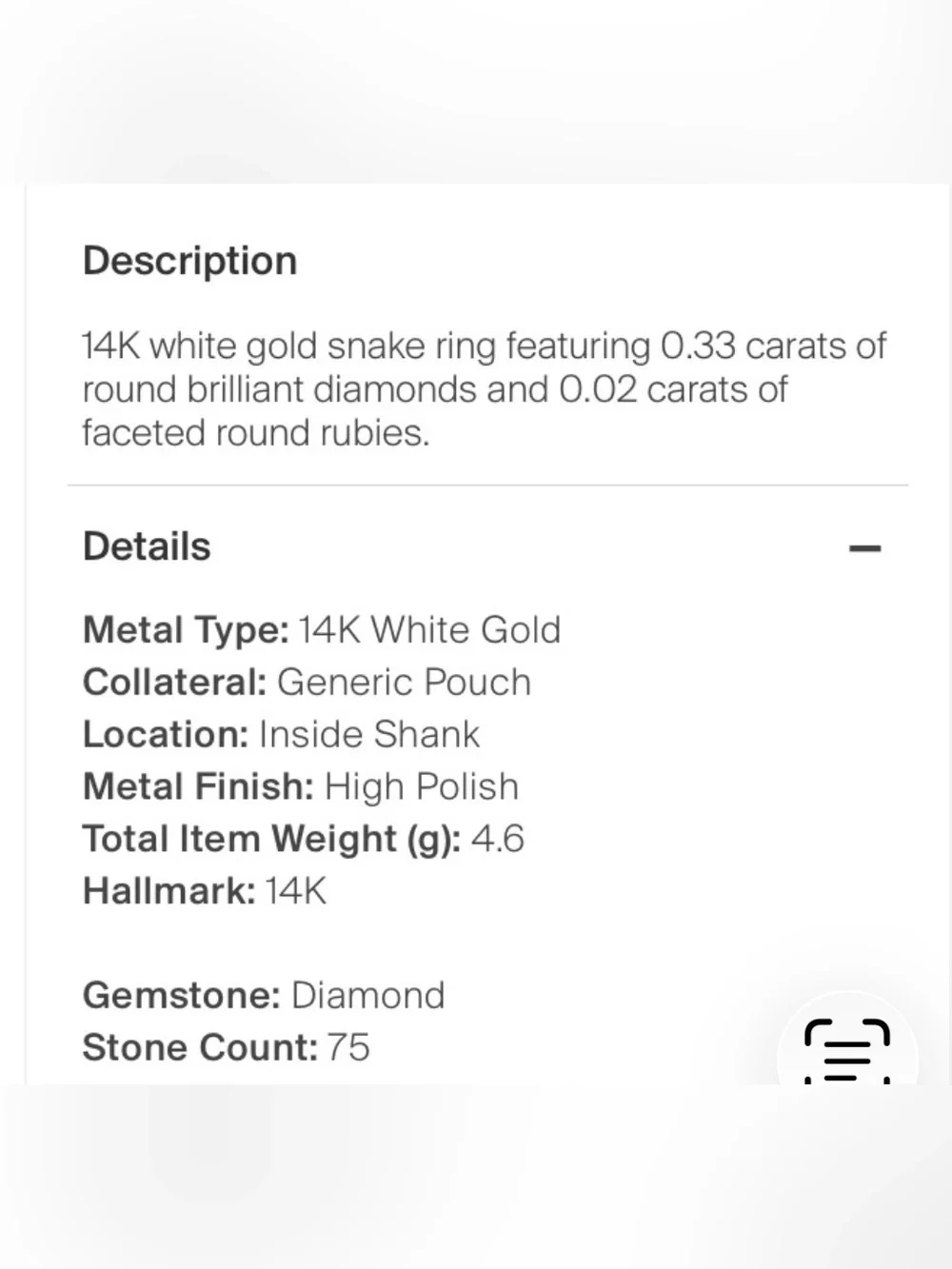 Anne Sisteron snake 14k white gold, .33 carats natural diamonds, .02 ruby size 6
